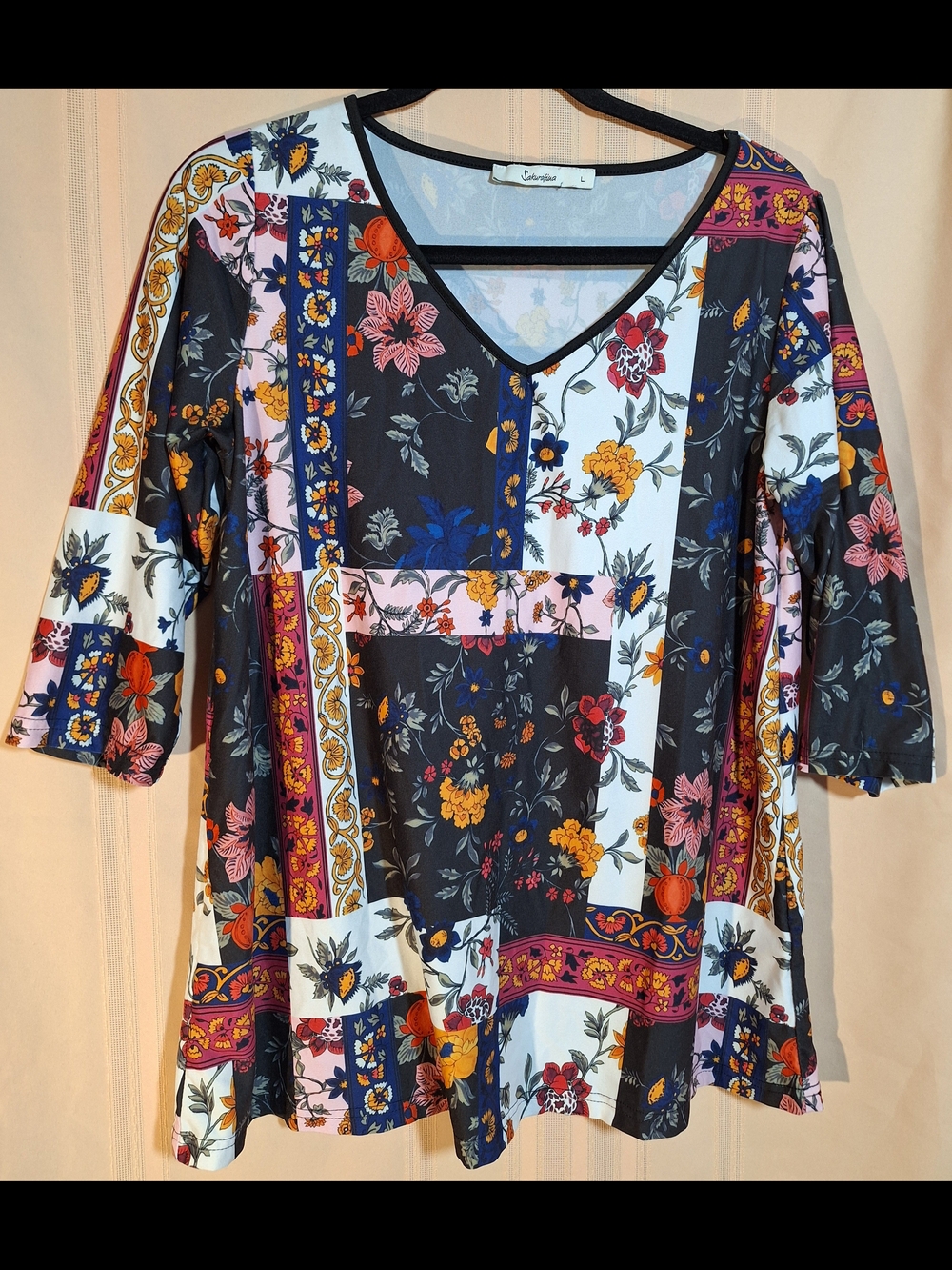 Sakurafina Patchwork Floral V-Neck Tunic – Black, Navy, Pink, Yellow